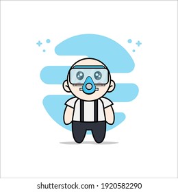 Cute geek boy character wearing divers costume. Mascot design concept