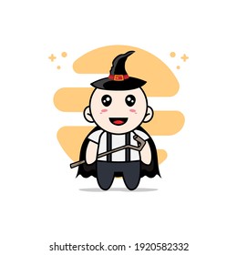 Cute geek boy character wearing witch costume. Mascot design concept