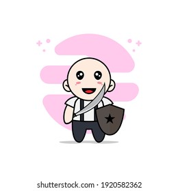 Cute geek boy character wearing fighter costume. Mascot design concept