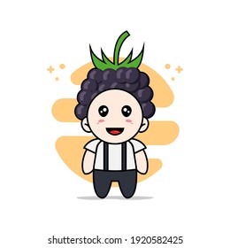 Cute geek boy character wearing grape costume. Mascot design concept