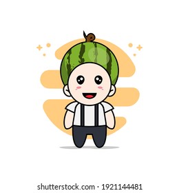 Cute geek boy character wearing watermelon costume. Mascot design concept