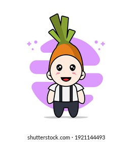 Cute geek boy character wearing carrot costume. Mascot design concept