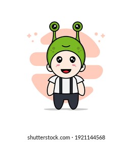 Cute geek boy character wearing frog costume. Mascot design concept