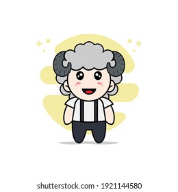 Cute geek boy character wearing sheep costume. Mascot design concept