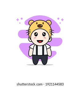 Cute geek boy character wearing beaver costume. Mascot design concept