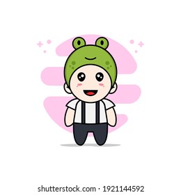 Cute geek boy character wearing frog costume. Mascot design concept