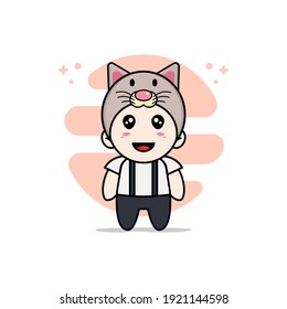 Cute geek boy character wearing cat costume. Mascot design concept