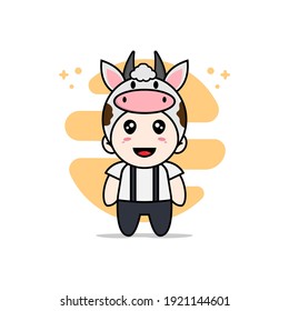 Cute Geek Boy Character Wearing Cow Costume. Mascot Design Concept