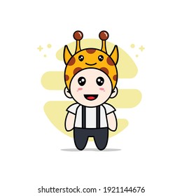 Cute geek boy character wearing giraffe costume. Mascot design concept