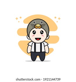 Cute geek boy character wearing seals costume. Mascot design concept