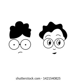 Cute geek boys vector icons collection. Geek boy face character young, smile, guy in glasses illustration - Vector