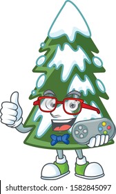 cute geek gamer christmas tree snow cartoon character style
