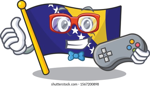 cute geek Gamer flag bosnia cartoon character style