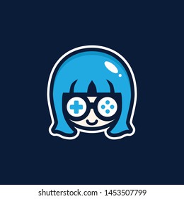 CUTE GEEK GAMER GIRL BLUE DESIGN VECTOR LOGO EPS 10.