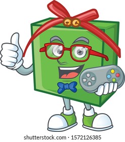cute geek gamer green gift box cartoon character style