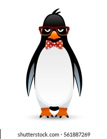 Cute Geek Penguin character with funny nerd glasses and red bow tie.