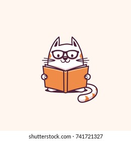 Cute geeky cat reading a book vector cartoon illustration