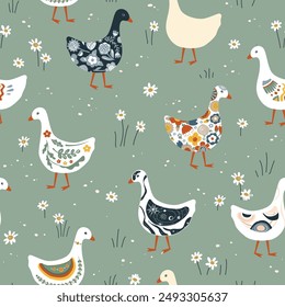 Cute geese or ducks with various patterns on their plumage walking in the grass. Nursery meadow seamless pattern