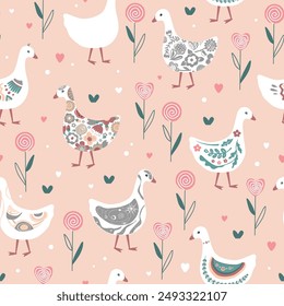 Cute geese or ducks with various patterns on their plumage on pink background. Trendy seamless pattern