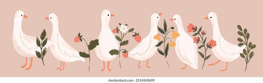 Gansos bonitos e florais sem emenda borda. Ganso branco e flores silvestres. Ilustração de vetor desenhada à mão.