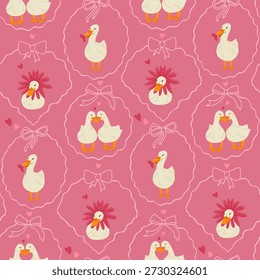 Cute geese in love seamless pattern. Coquette goose, ducks print for Valentine's Day. Whimsical vector hand drawn cartoon illustration for design, fabric, packaging, wallpaper, wrapping paper