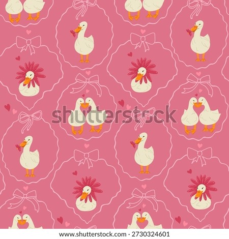 Cute geese in love seamless pattern. Coquette goose, ducks print for Valentine's Day. Whimsical vector hand drawn cartoon illustration for design, fabric, packaging, wallpaper, wrapping paper