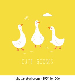 Cute geese on a yellow background. Cartoon vector illustration.