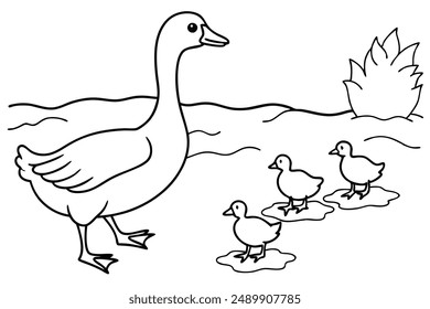 Lindos gansos jugando en la Ilustración vectorial del río.