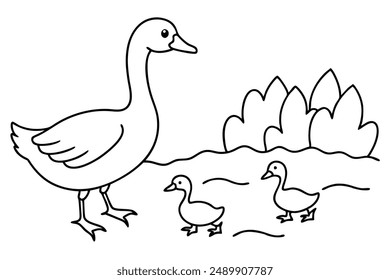 Cute Geese Playing by the River Vector Illustration.