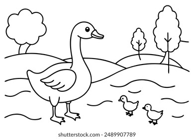 Lindos gansos jugando en la Ilustración vectorial del río.