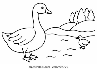 Cute Geese Playing by the River Vector Illustration.