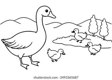 Cute Geese Playing Near River Vector Line Art Illustration.
