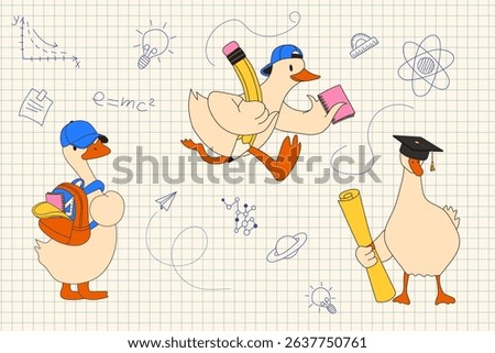 Cute Geese Ready for School. Back to School with Books and Notebooks