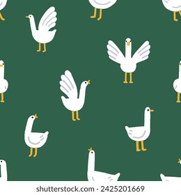 Niedliche Gänse, nahtlose Muster. Farmvögel, lustige Gans, endloser Hintergrund, Textur-Design. Wiederholter Druck, Gänse, Federtiere. Kinder flache Vektor-Illustration für Stoff, Textil, Verpackung