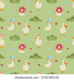 Gansos bonitos padrão sem costura. Ganso engraçado, patos, grama e flores. Fazenda divertida, núcleo de casa de campo. Ilustração desenhada à mão do vetor para o design de crianças, tecido, embalagem, papel de parede, papelaria, papel de embrulho