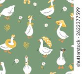Cute geese seamless pattern on green background. Goose character vector illustration. Funny white ducks in summer style.