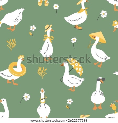 Cute geese seamless pattern on green background. Goose character vector illustration. Funny white ducks in summer style.
