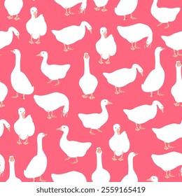 Cute geese seamless pattern. Trendy goose collection on pink background. Vector illustration