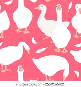 Cute geese seamless pattern. Trendy goose collection on pink background. Vector illustration