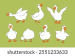 Cute geese set on green background. Quirky goose character vector illustration hand drawn doodle. Funny white ducks running, standing, flapping and spreading wings. Cottage core farm bird mascot.