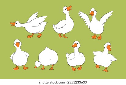 Gansos bonitos em fundo verde. Quirky goose personagem vetor ilustração mão desenhado rabiscar. Patos brancos engraçados correndo, em pé, batendo e espalhando asas. Mascote do pássaro da fazenda do núcleo da casa de campo.