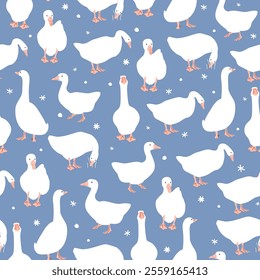 Cute geese and snow seamless pattern. Winter goose collection on blue background. Vector illustration