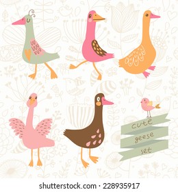 Cute geese in vector set. Cartoon geese in childish style. Funny birds of floral wallpaper in vector