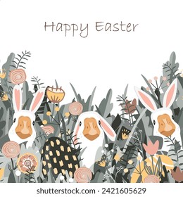 Cute geese wearing Easter bunny ears looking out of the grass. Easter eggs hunting card. Funny Easter bunny vector background. Spring vector Template