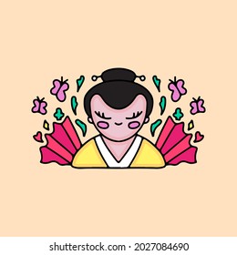 Cute geisha cartoon with hand fan and butterfly. illustration for t shirt, poster, logo, sticker, or apparel merchandise.