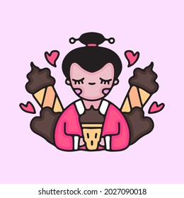 Cute geisha with chocolate ice cream. illustration for t shirt, poster, logo, sticker, or apparel merchandise.