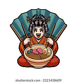 Cute geisha eating ramen noodles with traditional japanese fan