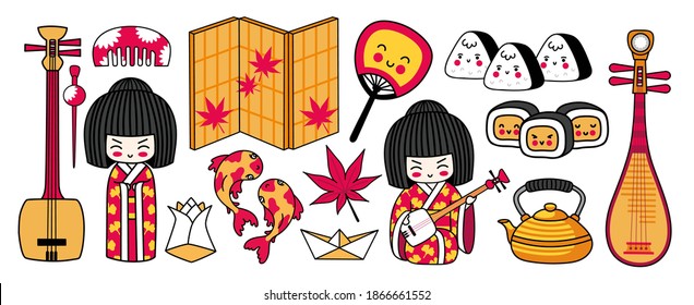 Cute geisha girl playing shamisen, biwa, sushi, koi carps and origami. Big set of japanese symbols for stickers, patches, badges, pins, prints. Kawaii cartoon characters. Vector illustration.