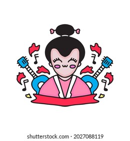 Cute geisha mascot cartoon with guitars. illustration for t shirt, poster, logo, sticker, or apparel merchandise.