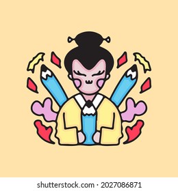 Cute geisha with pencils. illustration for t shirt, poster, logo, sticker, or apparel merchandise.